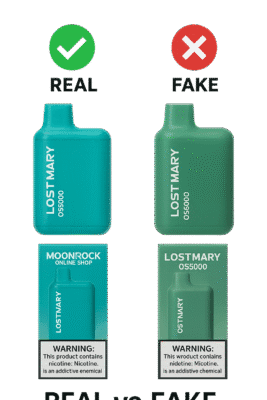 “Lost Mary OS5000 real vs fake comparison — genuine vs counterfeit packaging side-by-side | Moonrock Online Shop
