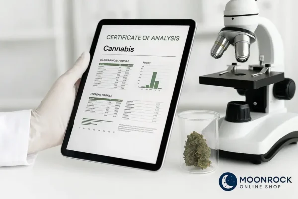 Scientist holding tablet with cannabis COA lab report, glass beaker with flower sample, and microscope in a clean white laboratory with Moonrock Online Shop logo.
