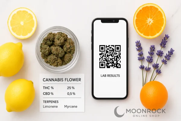 Flat lay of Moonrock cannabis flower in a glass jar with THC, CBD, and terpene details, QR code for lab results, fresh citrus and lavender accents, and Moonrock Online Shop logo.