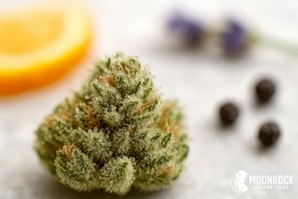 Macro photo of cannabis trichomes with orange slice, lavender sprig, and black peppercorns in background, representing terpenes limonene, linalool, and caryophyllene, with Moonrock Online Shop logo.