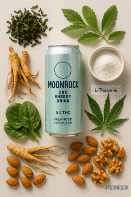 Flat lay of Moonrock CBD Energy Drink surrounded by green tea leaves, ginseng root, L-Theanine powder, hemp leaves, stevia, nuts, and leafy greens