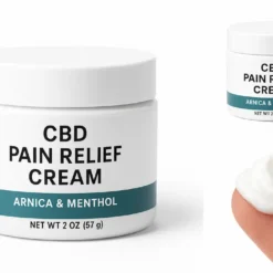 Moonrock CBD Pain Relief Cream – Arnica & Menthol Moonrock CBD Pain Relief Cream with arnica and menthol, front and angled jar views plus macro shot of cream texture on fingertip, isolated on pure white background.