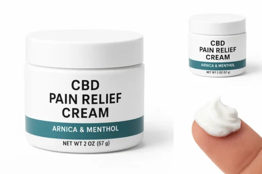 Moonrock CBD Pain Relief Cream – Arnica & Menthol Moonrock CBD Pain Relief Cream with arnica and menthol, front and angled jar views plus macro shot of cream texture on fingertip, isolated on pure white background.