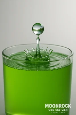 acro water droplet hitting lime-green Moonrock CBD Seltzer, forming ripples; droplet reflection shows a calm lake—symbolizing balance