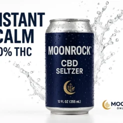 Moonrock CBD Seltzer – Instant Calm (0% THC) Product Thumbnail Cold Moonrock CBD Seltzer can with droplets and splash; bold INSTANT CALM, 0% THC.