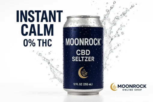 Moonrock CBD Seltzer – Instant Calm (0% THC) Product Thumbnail Cold Moonrock CBD Seltzer can with droplets and splash; bold INSTANT CALM, 0% THC.