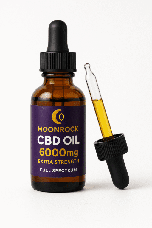 Moonrock Extra Strength CBD Oil 6000mg bottle with dropper on white background