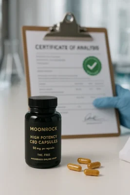 Moonrock High Potency CBD Capsules 50mg bottle with capsules on lab desk, gloved hand holding a verified lab test certificate, authentic scientific setting.