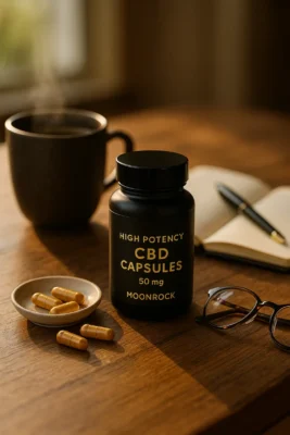“Moonrock High Potency CBD Capsules 50mg bottle on a wooden table with coffee, journal, and glasses, showing daily wellness routine