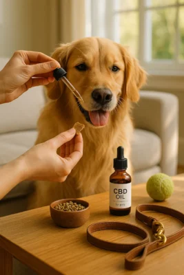 Treat method for giving pet CBD oil—dropper above a dog biscuit with a calm golden retriever in a warm living room.