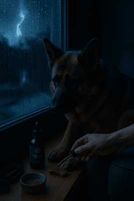 Night storm scene in cool blue light: anxious dog indoors with treat method setup—dropper, bottle, and accessories visible.