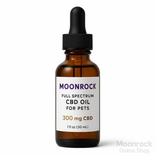 moonrockonline shop cbd oil for pets amber glass dropper bottle of moonrock full spectrum cbd oil for pets on pure white background, studio lighting, sharp focus