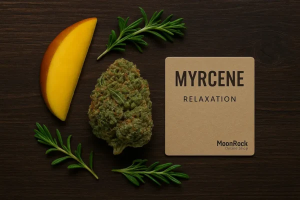 Cannabis bud with mango slice and herbs symbolizing Myrcene terpene, known for earthy musky aroma and relaxing effects at MoonRock Online Shop Los Angeles