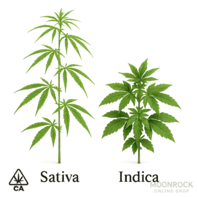 Side-by-side comparison of cannabis sativa and cannabis indica plants showing tall, slender sativa leaves versus short, bushy indica leaves on a clean white background – Moonrock Online Shop