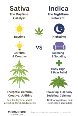 Modern infographic showing cannabis sativa vs indica effects with icons for creativity, energy, relaxation, and pain relief – Moonrock Online Shop