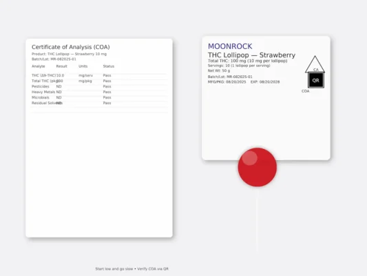 Flat-lay of a lollipop, labeled pouch, and a cropped lab report on a pale grey background