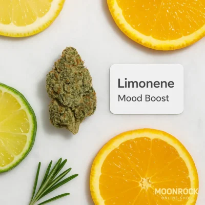 What is terpenes? Limonene terpene spotlight showing cannabis bud with lemon, lime, and orange slices on marble background, symbolizing citrus aroma and uplifting mood effects at MoonRock Online Shop Los Angeles