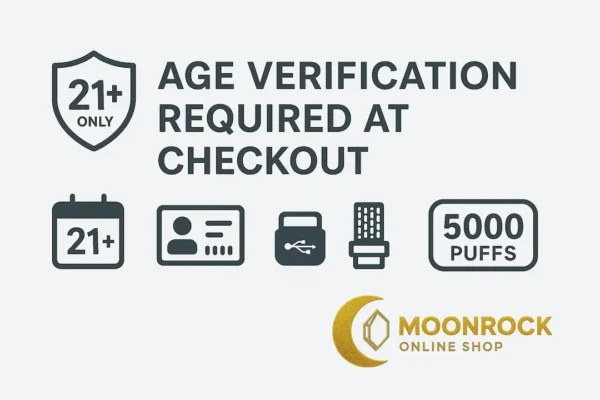 21+ age verification notice with icons for ID check, USB-C recharge, mesh coil, 5000 puffs, and Moonrock Online Shop logo