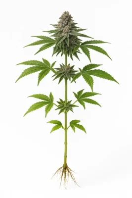 Full Apples and Bananas cannabis plant with roots displayed on white background, showing green leaves, purple accents, and frosty buds