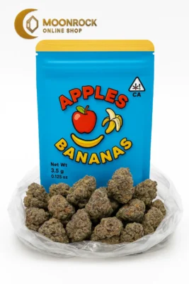 Colorful cartoon-style packaging of Apples and Bananas strain cannabis flower labeled Moonrock Online Shop with fruit graphics and CA compliance details