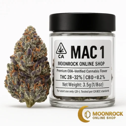 Buy Mac 1 Strain Online – 3.5g CA-Verified Flower Buy Mac 1 strain cannabis flower with CA-compliant jar and frosty nug beside it on a white seamless background, showing Moonrock Online Shop logo and label details