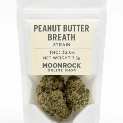 Buy Peanut Butter Breath Strain Online – Moonrock Online Shop Buy Peanut Butter Breath strain online from Moonrock Online Shop — premium 3.5g cannabis flower with 32.6% THC, COA-verified, in resealable pouch on white background.
