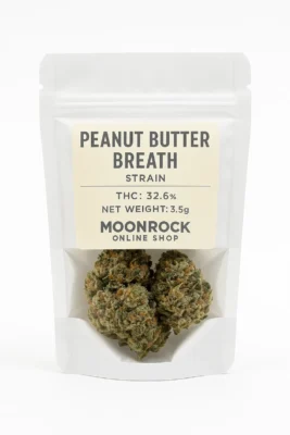 Buy Peanut Butter Breath strain online from Moonrock Online Shop — premium 3.5g cannabis flower with 32.6% THC, COA-verified, in resealable pouch on white background.
