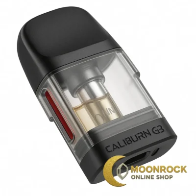 Close-up of a transparent vape pod with visible e-liquid level and red fill plug