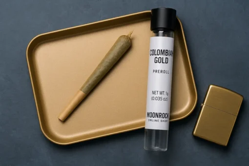Colombian Gold Preroll 1g – Moonrock Online Shop Lifestyle Photo Premium Moonrock Colombian Gold cannabis 1g jar beside dense golden-green bud, matte-black label with gold accents and Moonrock Online Shop logo.