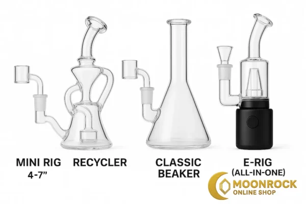 Mini rig, recycler, classic beaker, and e-rig lineup on a white background with labels Title: Dab Rig Types — Mini • Recycler • Beaker • E-Rig