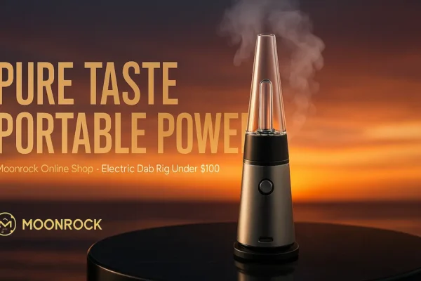 Electric dab rig under $100 on a reflective surface with warm sunset and soft vapor | Moonrock Online Shop hero image