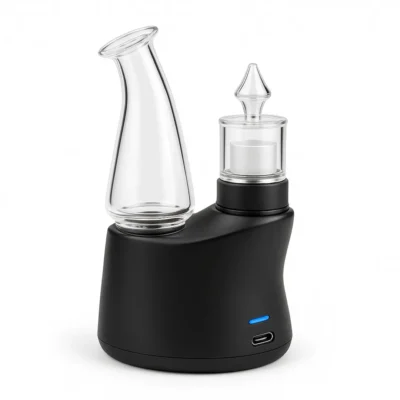 Electric dab rig under $100 on a white background showing glass water chamber, quartz cup, directional cap, LED indicator, and USB-C charging port