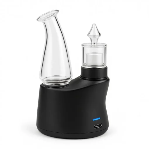 Electric Dab Rig Under 0 – Product Image | Moonrock Online Shop Electric dab rig under $100 on a white background showing glass water chamber, quartz cup, directional cap, LED indicator, and USB-C charging port