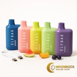 Elf Bar BC5000 – Top Flavor Collection - Moonrock Online Shop Elf Bar BC5000 flavor collection on a white background with five colorful vapes, matching fruit props, USB-C cable, and Moonrock Online Shop logo.