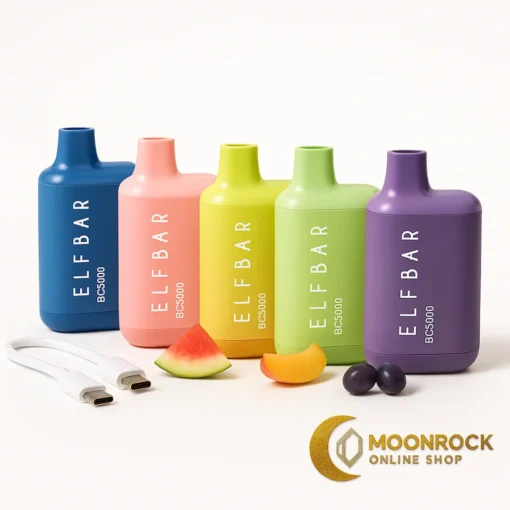 Elf Bar BC5000 – Top Flavor Collection - Moonrock Online Shop Elf Bar BC5000 flavor collection on a white background with five colorful vapes, matching fruit props, USB-C cable, and Moonrock Online Shop logo.