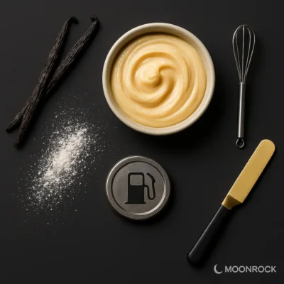 Flavor moodboard for Ice Cream Cake strain: vanilla beans, cake batter swirl, powdered sugar, subtle clean-gas motif on dark backdrop