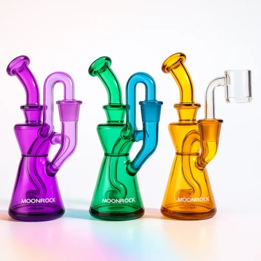 Mini Recycler Rig 5.5″ (10 mm) – Color Lineup - oonrock Online Shop Four color options of a 5.5-inch mini recycler rig with 10 mm joint—purple, green, blue, and amber—on a clean studio backdrop from Moonrock Online Shop