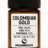 Moonrock Colombian Gold Clear Jar – 22.3 _ THC COA Verified Transparent glass jar with gold label reading “Moonrock Colombian Gold 22.3 % THC 1g COA Verified,” displayed beside golden cannabis bud.
