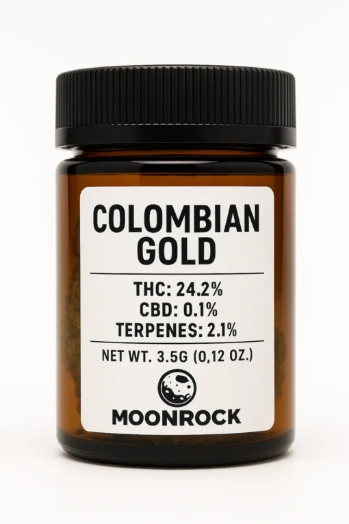 Moonrock Colombian Gold Clear Jar – 22.3 _ THC COA Verified Transparent glass jar with gold label reading “Moonrock Colombian Gold 22.3 % THC 1g COA Verified,” displayed beside golden cannabis bud.