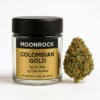 Moonrock Colombian Gold – 1g COA Verified Premium Jar with Bud Premium Moonrock Colombian Gold cannabis 1g jar beside dense golden-green bud, matte-black label with gold accents and Moonrock Online Shop logo.