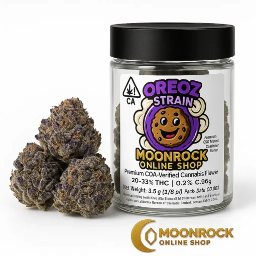 Oreoz Strain – CA-Compliant 3.5g Flower Oreoz strain 3.5g cannabis flower in CA-compliant jar showing THC triangle, batch details, and Moonrock Online Shop logo on white background