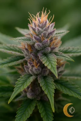 Permanent Marker cannabis flower in macro shot showing purple hues, orange pistils, and frosty trichomes while growing on plant