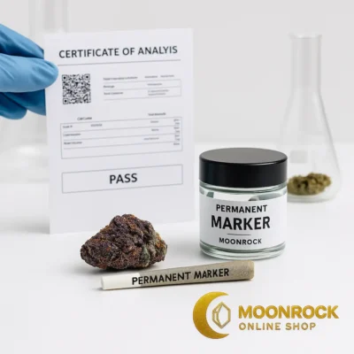Permanent Marker flower, preroll, and labeled jar beside COA certificate and Moonrock Online Shop gold logo on white background