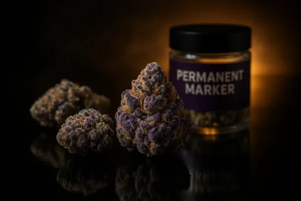 Permanent Marker strain cannabis buds with purple hues and frosty trichomes on a reflective surface under warm light