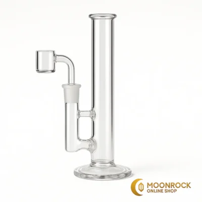 Clear straight tube dab rig 14mm with flat-top quartz banger on white background