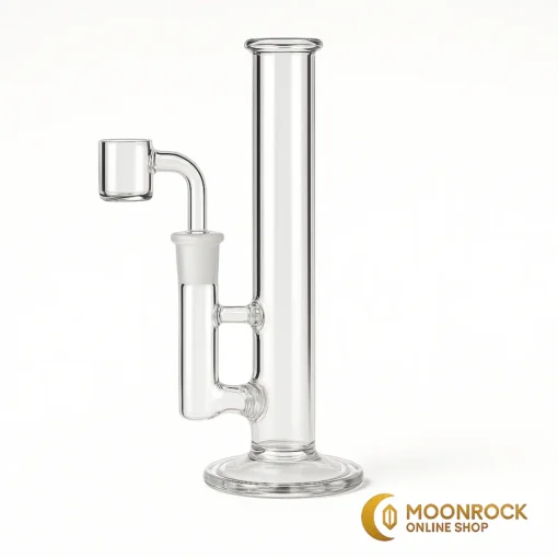 Clear straight tube dab rig 14mm with flat-top quartz banger on white background