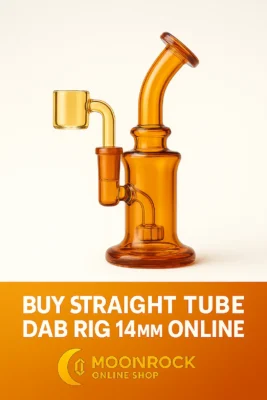 Emerald green straight tube dab rig 14mm with flat-top quartz banger on a clean studio background