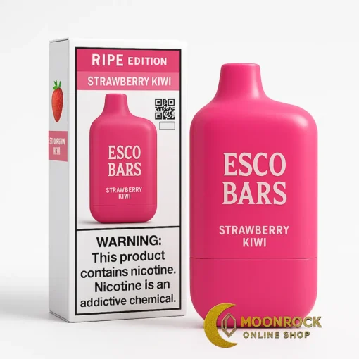 Strawberry Kiwi – Ripe Edition Pink disposable vape with Strawberry Kiwi flavor next to retail box and nicotine warning