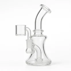 Travel Mini Dab Rig 10mm – Clear Glass Thumbnail -Moonrock Clear glass travel mini dab rig with 10 mm female joint on a white background