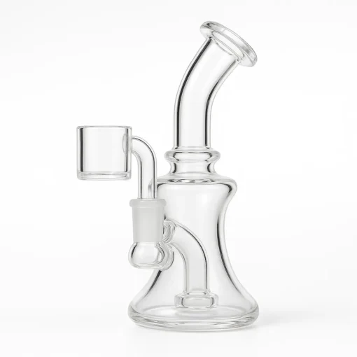 Travel Mini Dab Rig 10mm – Clear Glass Thumbnail -Moonrock Clear glass travel mini dab rig with 10 mm female joint on a white background